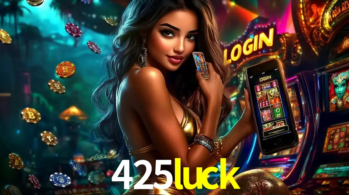 Mulher em um cenário de cassino temático de aventura, mostrando o app de caça-níqueis da 425luck no celular. Fichas de apostas flutuam ao redor.